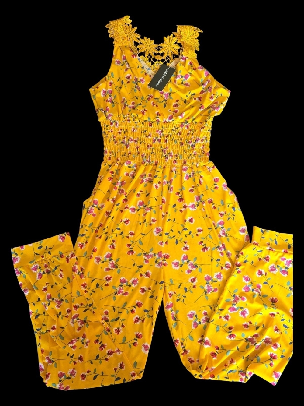 NWTs Nali Collection Yellow Floral Lace-Trim Smocked Jumpsuit Sz L